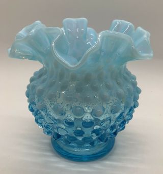Vintage Fenton Blue Opalescent Ruffled Top Hobnail Small Glass Vase