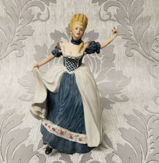 Vintage Porcelain Dancing Lady In Dark Blue Dress With Roses,  Figurine Ornament