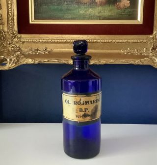 Vintage Bristol Blue Glass Apothecary Chemist Bottle Ol.  Rosmarini B.  P.