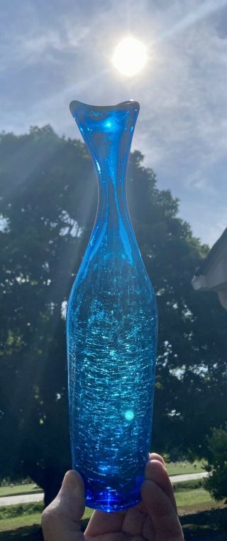 Vintage C.  1964 Joel Myers Blenko Blue Crackle Bottle Vase Mid Century 11” Tall