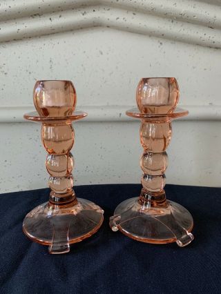 Vintage Pink Depression Glass 6 " Candle Stick Holders Set Of 2