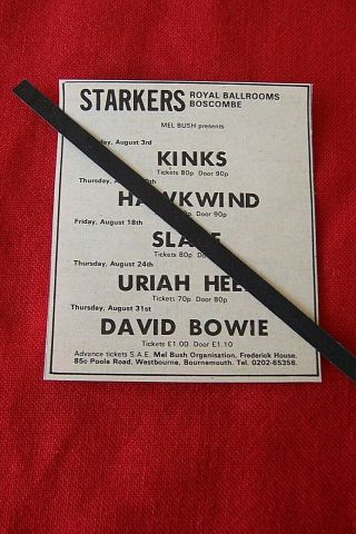 David Bowie 1972 Vintage Gig Advert Starkers Boscombe Hawkwind Kinks