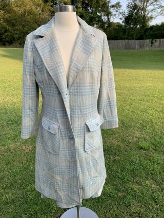 1960s Vintage Butte Knit Skirt Suit Wool Blend Blue Trench Coat Jacket 2pc.  Set