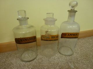 Three Vintage Glass Apothecary Bottles Clear With Labels & Stoppers
