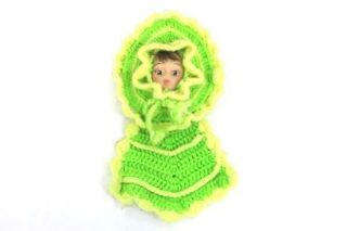Vintage Handmade Crocheted Doll Face Wall Hanger Green & Yellow Home Decor