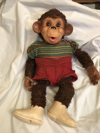 Vintage Stuffed Chimp 1950’s,  Rubber Face,  Hands And Shoes 16” T.  Straw Stuffed.