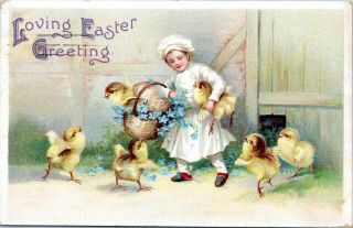 1907 Ellen Clapsaddle Vintage Easter Postcard Boy Baker Chicks Barnyard Lh