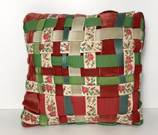Vintage Christmas Handmade Pillow Ribbon Basket Weave Red Green Square 10” X 10”