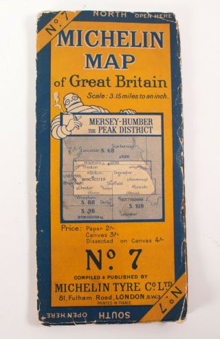 Vintage Michelin Map Of Great Britain - No 7 - Mersey - Humber The Peak District