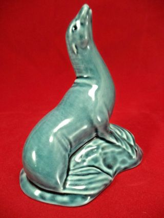 Vintage Ceramic Teal Blue Seal On Rock Poole Pottery Animal Figurine Ornament
