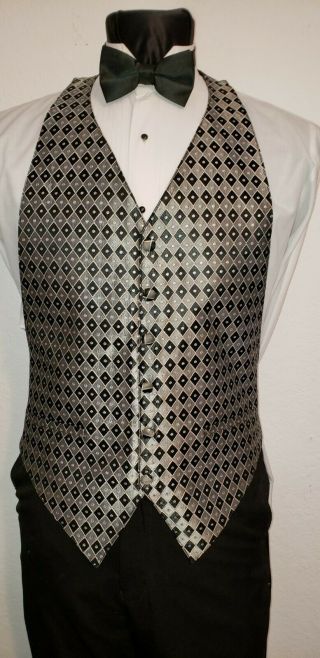 Mens Vintage Adj.  Shiny Black Silver Tuxedo Vest Bow Fit All 37 50 Coat Tuxxman