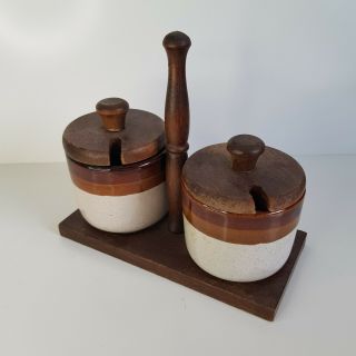 Vintage Retro Condiments Pots Ceramic With Wooden Lids Salt Pepper Jam Sugar