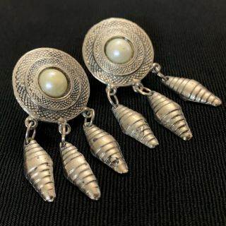 Vtg Etruscan Revival Faux Pearl Silver Tone Dangle Post Earrings 1.  75” Textured