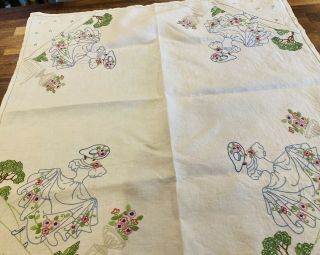 Stunning Vintage/antique Linen Hand Embroidered Tablecloth - Crinoline Ladies