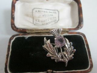 Vintage Amethyst Scottish Thistle Silver Tone Brooch Collar Lapel Pin Pretty
