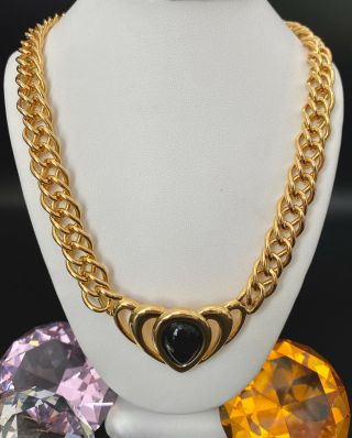 Vintage Napier Gold Tone Chunky Link Chain Black Lucite Collar Choker Necklace