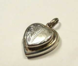 Vintage Etched Double Heart Photo Locket Sterling Silver 925 Charm Pendant