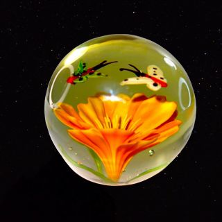 Vintage Murano Art Glass Paperweight Butterfly Orange Flower 2.  75”t