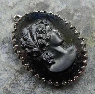 Vintage French Jet Black Glass Cameo Lady Victorian Revival Pendant - X62
