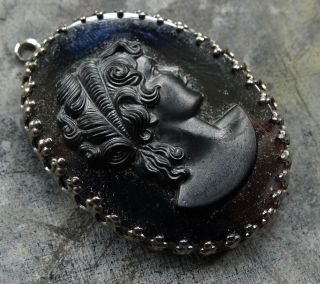 vintage french jet black glass cameo lady Victorian revival pendant - X62 2