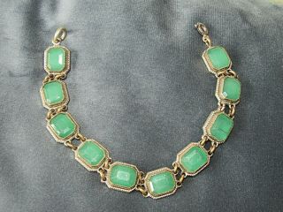 Vintage Jewellery Apple Jade Green Open Back Czech Art Deco Panel Bracelet