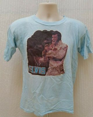Vintage 1970s Elvis Iron On Decal Blue T Shirt - Men 