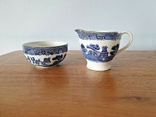 Vintage Alfred Meakin Milk/cream Jug/sugar Bowl - Old Willow Blue/white