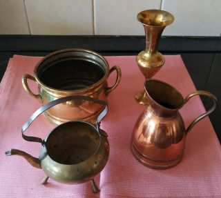 4 Small Vintage Brass Copper Items: Sml Planter Vase Jug Kettle Read