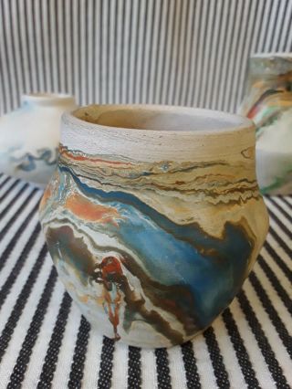 Vtg Nemadji Clay Art Pottery Swirl 2.  5 " Coil Vase Indian Logo Blue Orange Brown