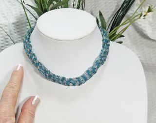 Vintage Lia Sophia Signed Blue And Clear Glass Seed Bead Multi Strand Twister Ch