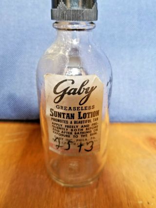 Vintage 1940s Gaby Greaseless Suntan Lotion Bottle Philadelphia Pa