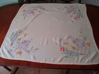 Vintage Linen Hand Embroidered Crinoline Lady Design Table Cloth 33 " X 34 "