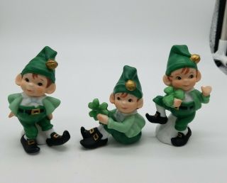 Vintage (3) Little Pixie Elf Leprechauns Shamrocks Irish Porcelain Figurine 1998