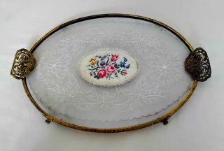 Vintage Petit Point Lace And Glass Brass Dressing Table Tray With Filigree ⚘