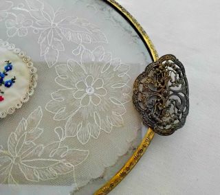 VINTAGE PETIT POINT LACE AND GLASS BRASS DRESSING TABLE TRAY WITH FILIGREE ⚘ 3