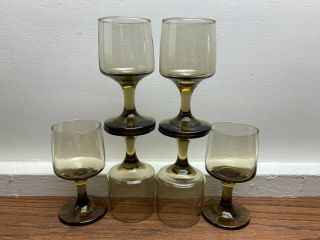 Set Of 6 Vtg Libbey Tawny Accent Brown Stemmed Wine Glasses Goblets 5 1/8 " Tall