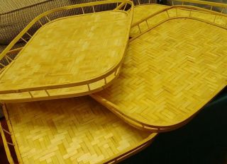 Set Of 4 Vintage Bamboo Woven Rattan Wicker Tiki Bar Serving Lap Trays 19 X 13