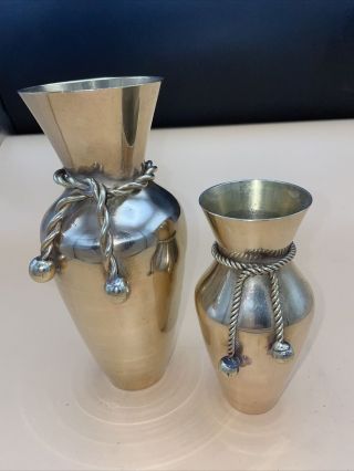A Vintage Polished Brass Vases With Rope Tassels - 5 " & 7 " Tall