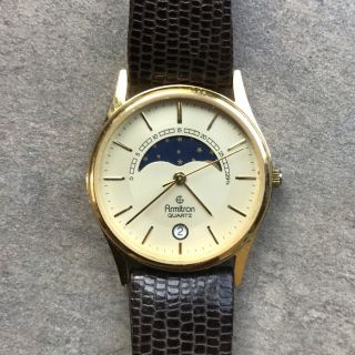 Vintage Armitron Mens Moon Phase Watch With Gold Tone Case & Leather Band Bin E