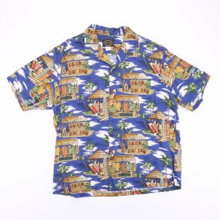 Vintage Hawaiian Tikki Surfer Print Blue Short Sleeve Shirt Size Men 