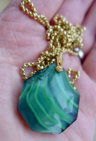 Elegant,  Green,  Vintage,  Art Deco,  Venetian Agate Satin Glass Pendant & Chain