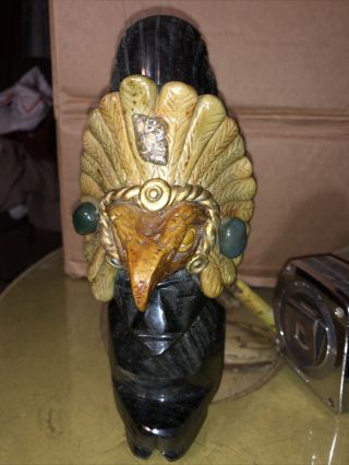 Vintage Carved Obsidian Statue Mayan God Warrior Jade And Stone Eagle Headdress