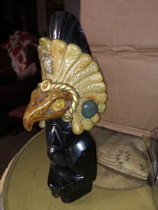 Vintage Carved Obsidian Statue Mayan God Warrior Jade And Stone Eagle Headdress 2