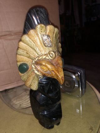 Vintage Carved Obsidian Statue Mayan God Warrior Jade And Stone Eagle Headdress 3