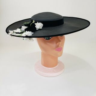 Phil Strann Wide Brim Womens Vintage Hat Black Ribbon Flowers 1930s Stix Baer