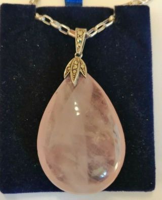 Large Vintage Silver Rose Quartz And Marcasite Pendant On Silver Chain - 29.  8 Gm