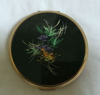 Vintage Stratton Black Enamel Floral Powder Compact