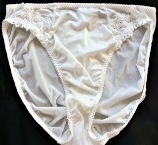 Vintage Olga White Embroidered Silky Satin Hi Cut,  Back Seamed Panty L