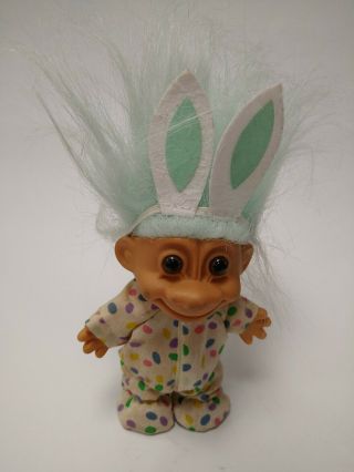 Vintage Russ 90s 5 " Troll Doll Blue Hair W Easter Bunny Drop Seat Pj 