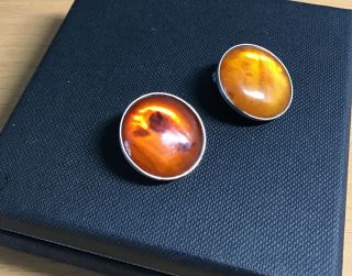 Vintage 925 Silver Round Amber Clip On Earrings